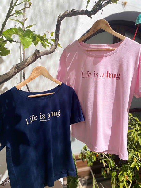 Organic cotton blue and pink women t-shirt Happy Belly Barcelona