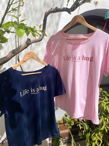 Organic cotton blue and pink women t-shirt Happy Belly Barcelona