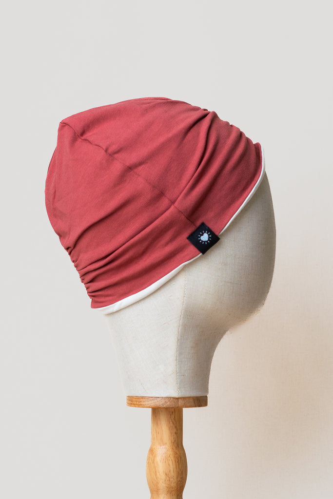 Turbante reversible oncológico de algodón orgánico color teja e interior de bambú