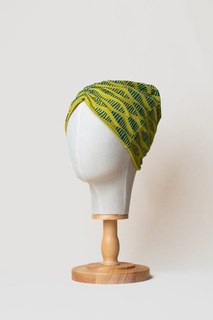 Turbante reversible color lima en algodón orgánico estampado con serigrafía