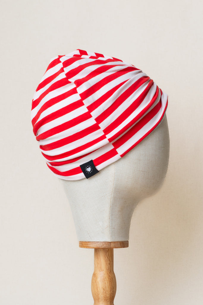 Turbante reversible de algodón orgánico, rayas rojas y blancas